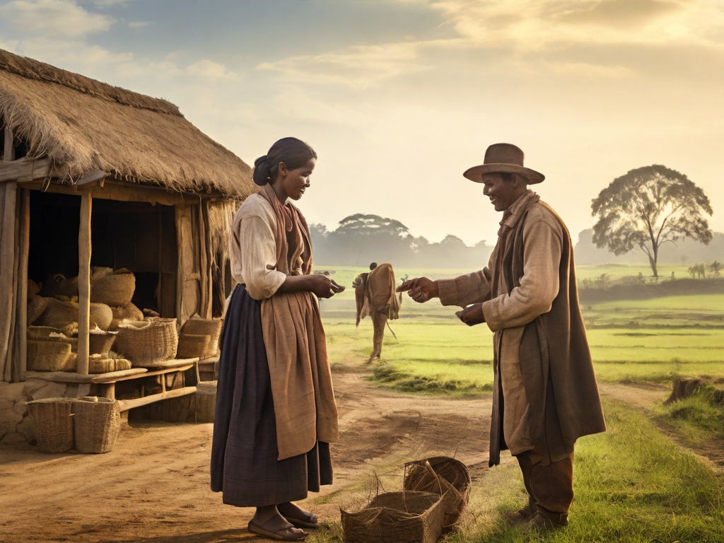 Two people bartering against a rural backdrop