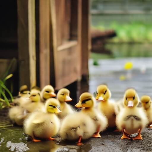 A flock of ducks and ducklings